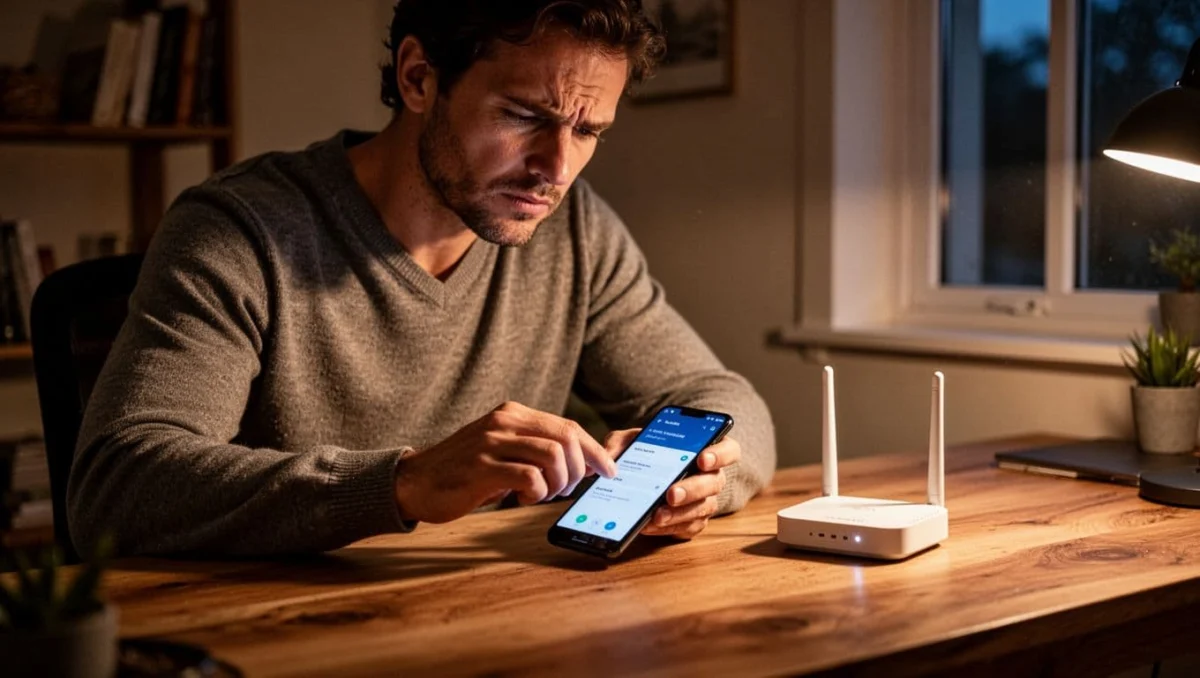 A frustrated yet focused person troubleshoots Google Photos backup settings on an Android phone on a table next to a WiFi router in a cozy evening home office, captured in cinematic style with dramatic window lighting and strong contrast.