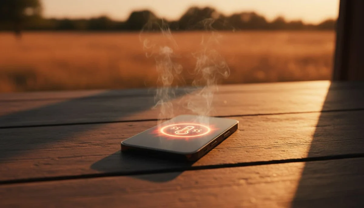iPhone 15 overheats on wooden table in hot summer setting with heat haze and blurred temperature warning on screen.