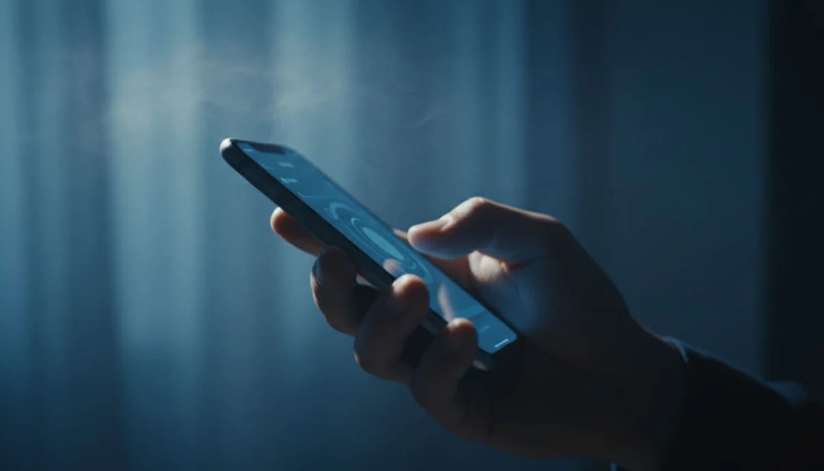 One hand holds an iPhone in shaded indoor setting, adjusting blurred screen settings under cool blue lighting.