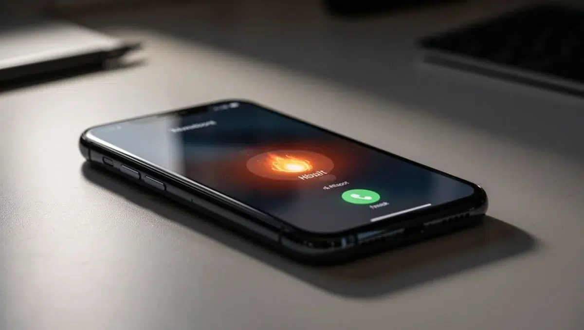 Close-up angled shot of a modern iPhone on a desk surface, displaying the Personal Hotspot toggle switched on in the Settings app, with cinematic style, strong contrast, depth of field, and dramatic side lighting.