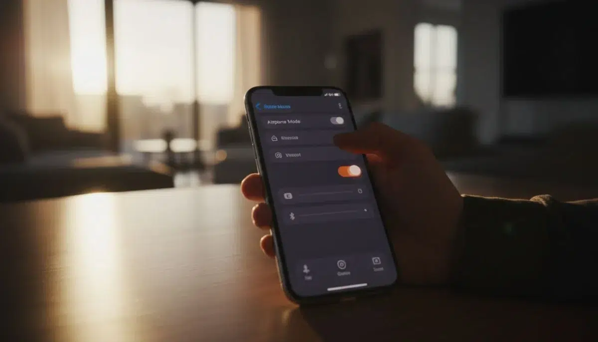 Single iPhone screen displaying Airplane Mode toggle in Control Center, held naturally at slight angle on table in modern home setting with cinematic style, strong contrast, depth, and dramatic warm lighting.