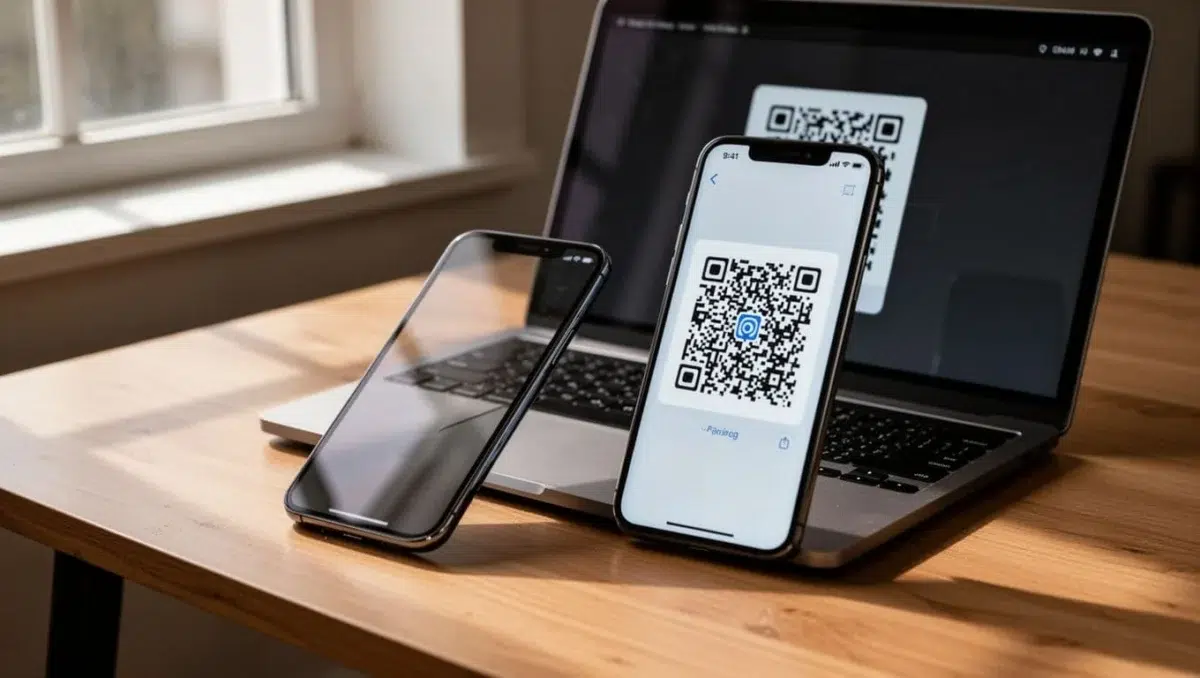 Modern Android smartphone scanning a QR code on a Windows laptop screen during Phone Link setup. Side-by-side devices on a wooden desk with natural light and cinematic styling.