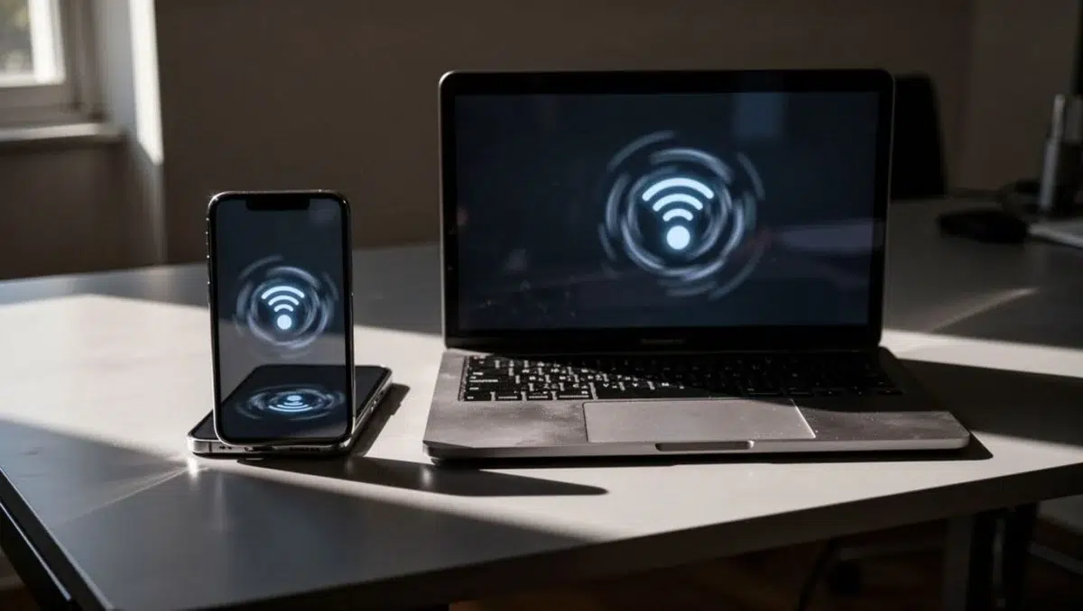 Android phone and Windows PC on a desk experiencing lag in Link to Windows sync, with subtle spinning loading icons and highlighted Bluetooth icons in a modern cinematic workspace.
