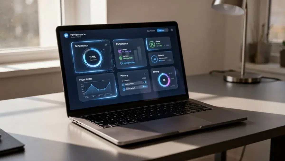 Windows laptop screen showing advanced Phone Link settings menu with performance tweaks, notifications, and privacy options, on a modern desk setup with natural indoor lighting, strong contrast, depth, and dramatic cinematic style.