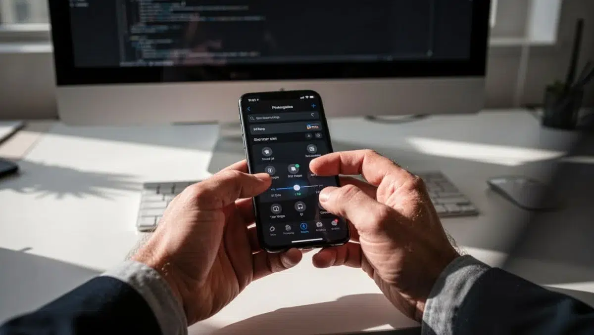 Close-up of user hands tweaking Link to Windows app settings on an Android phone held over a desk, with a Windows PC nearby, in soft office lighting with dramatic cinematic contrast and depth.