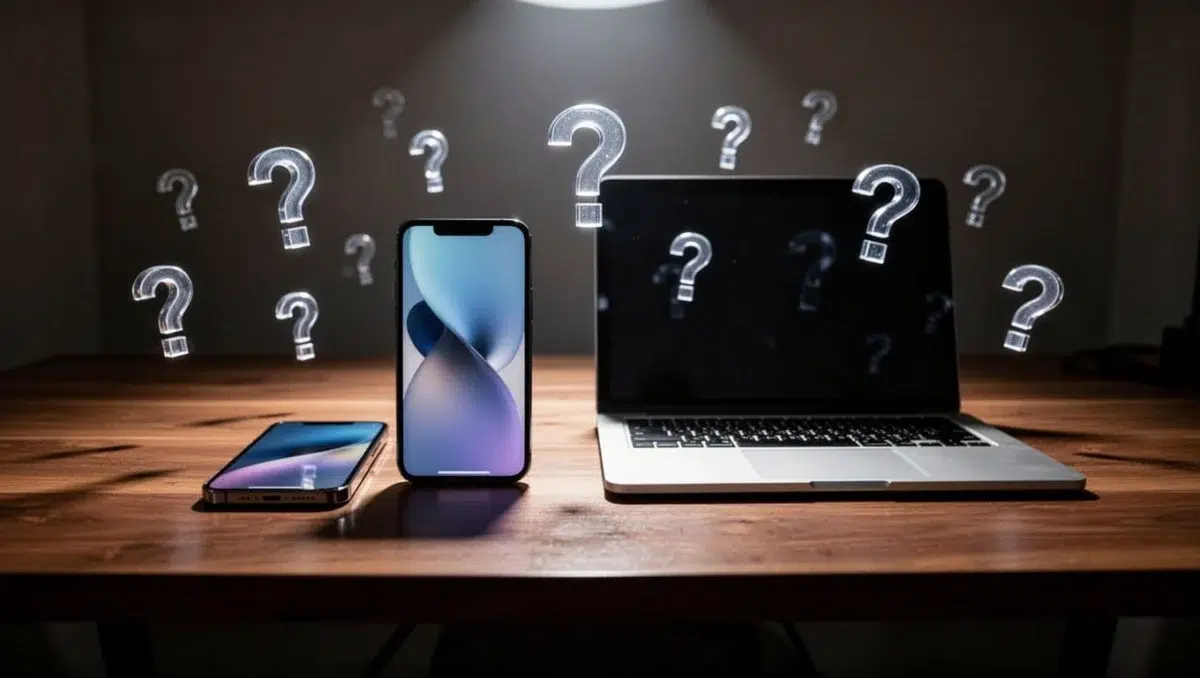 Question mark icons floating around an Android smartphone and Windows laptop side by side on a modern wooden desk, in cinematic style with strong contrast and dramatic lighting.
