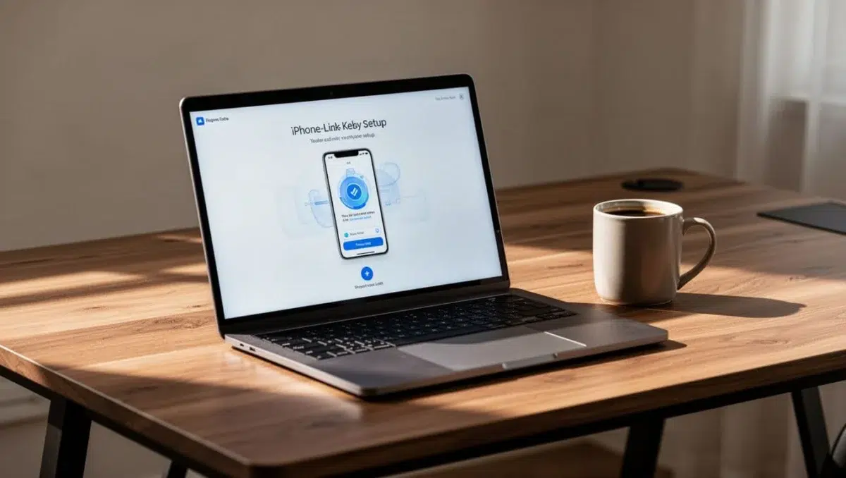 Windows laptop on a modern wooden desk displaying the Phone Link app during login setup, with natural indoor lighting, coffee mug nearby, and cinematic style with strong contrast.