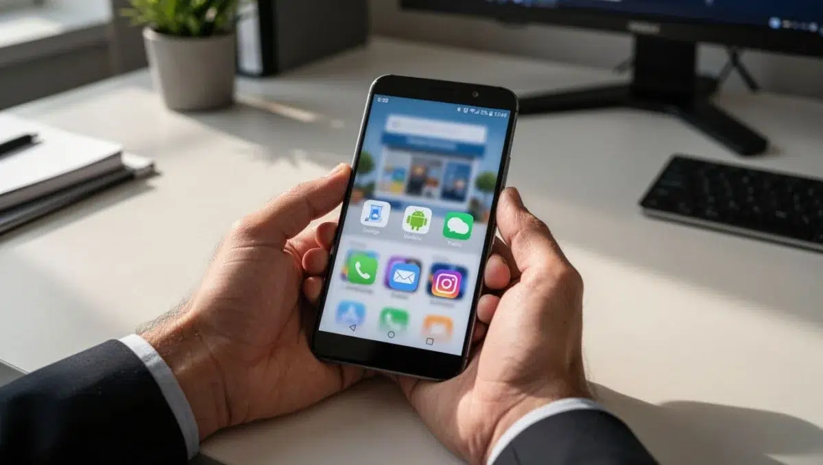 An Android smartphone held naturally in two hands on a desk displays the Google Play Store download page for the Link to Windows app, captured in soft office lighting with cinematic contrast and depth.