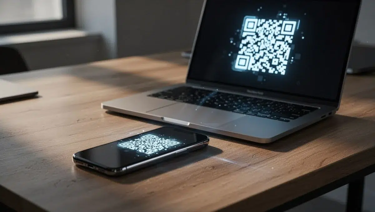 Android phone scanning QR code on Windows laptop screen for Phone Link synchronization, devices side by side on desk in cinematic style with dramatic lighting.