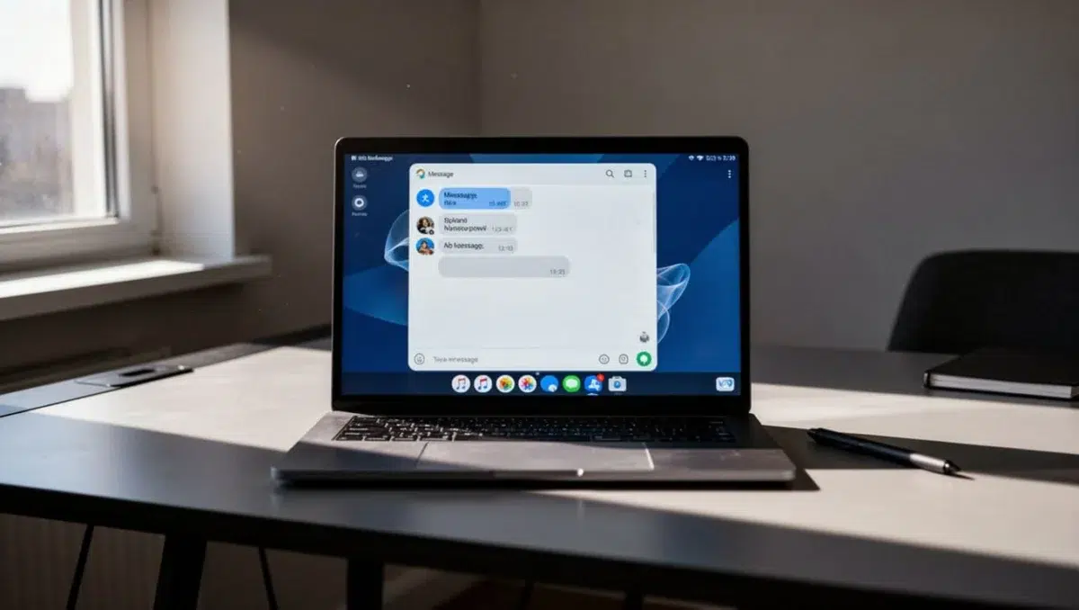 A Windows laptop screen shows an Android app like WhatsApp running full-screen via Phone Link streaming, on a modern desk with natural light and cinematic lighting.