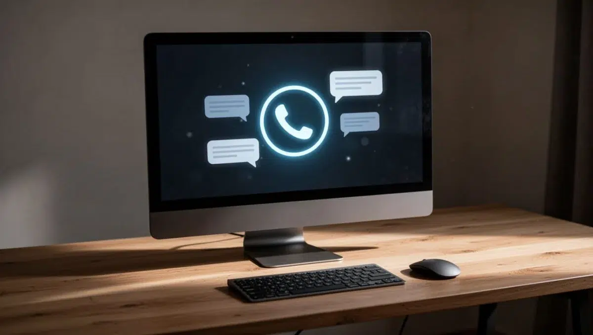 Cinematic Windows PC screen on desk displaying incoming Android phone call notification and messages via Phone Link, with keyboard, mouse, strong contrast, depth, and dramatic lighting. Exactly one PC screen, no phone or readable text.