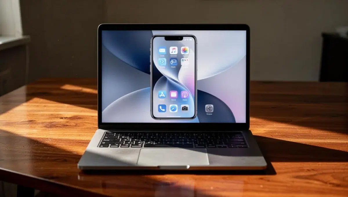 Windows laptop displaying expanded full-screen view of Android phone interface via Phone Link 2025 update, with larger clearer phone screen mirrored almost full-screen on PC, on wooden desk in cinematic style with strong contrast, depth, and dramatic lighting.