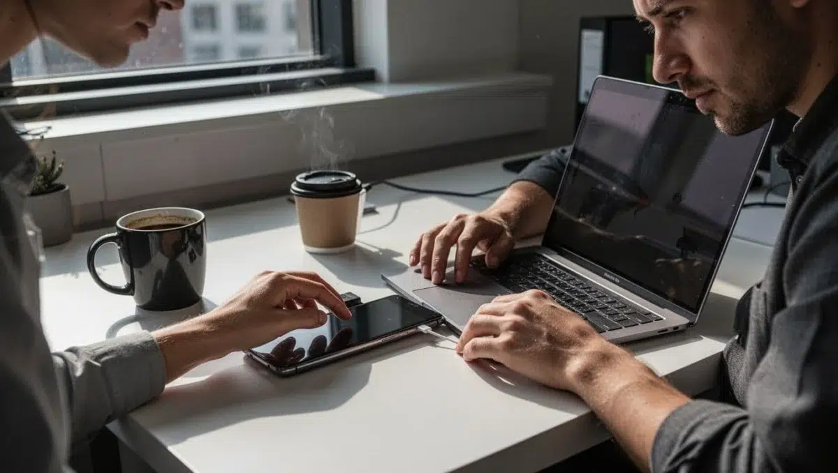 Frustrated user troubleshooting Android phone and Windows laptop connection issue for Link to Windows, devices side by side on a modern office desk with coffee mug, cinematic style with dramatic lighting.