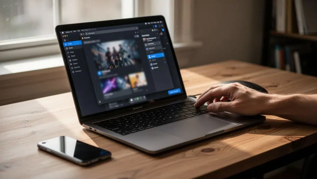 Windows laptop screen displaying blurry small Android app in Phone Link expanded mode, user adjusting settings with mouse on desk setup with nearby phone, cinematic style with dramatic lighting and depth.
