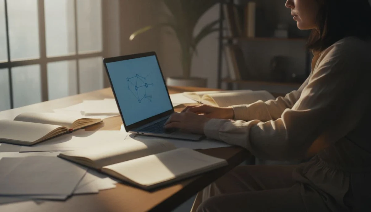 A person sits relaxed at a modern desk with a laptop open to the NotebookLM interface, surrounded by scattered notebook pages, under soft dramatic window lighting in a cinematic style.