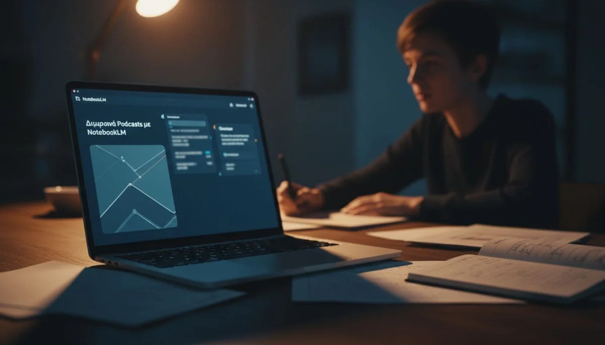 Cinematic screen view of NotebookLM chat interface generating podcast overview from notes on a modern laptop desk, focused user in background, dramatic side lighting, scattered papers.
