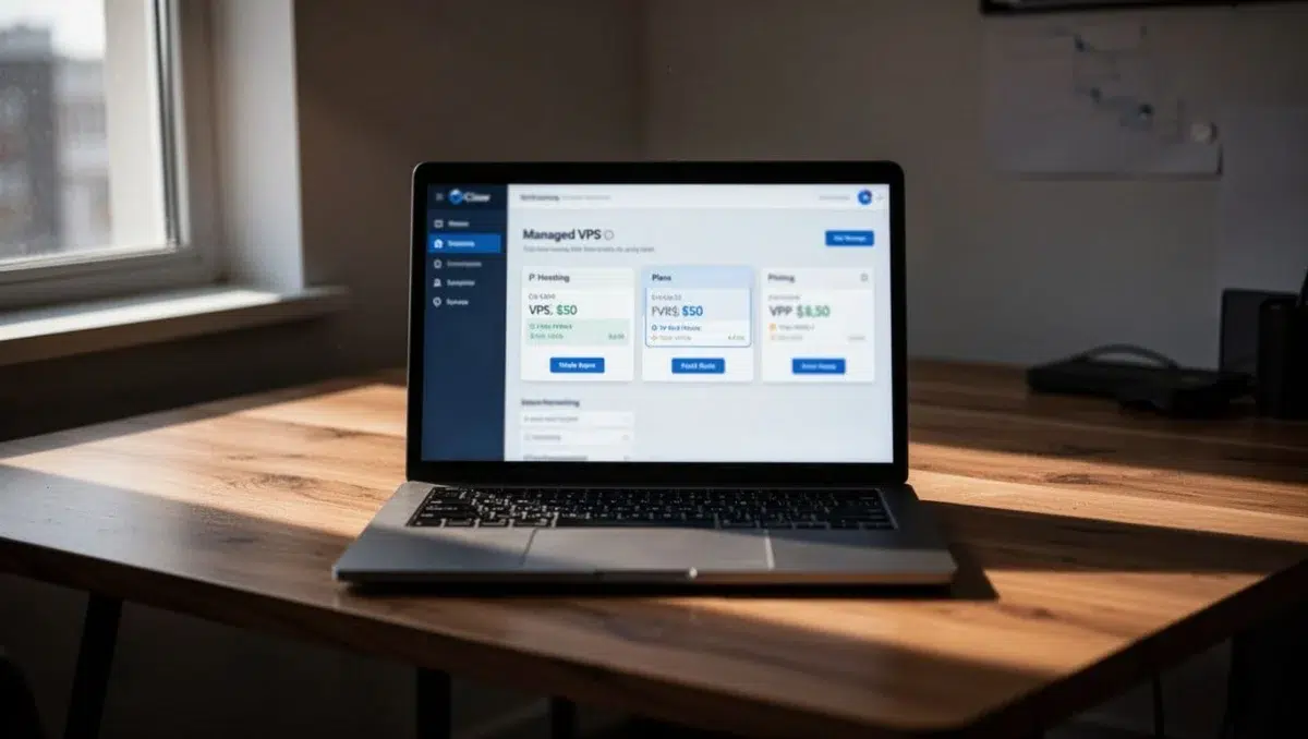 A centered laptop on a modern wooden desk displays a blurred VPS hosting dashboard with plan options, under soft cinematic office lighting with dramatic contrast and depth of field.