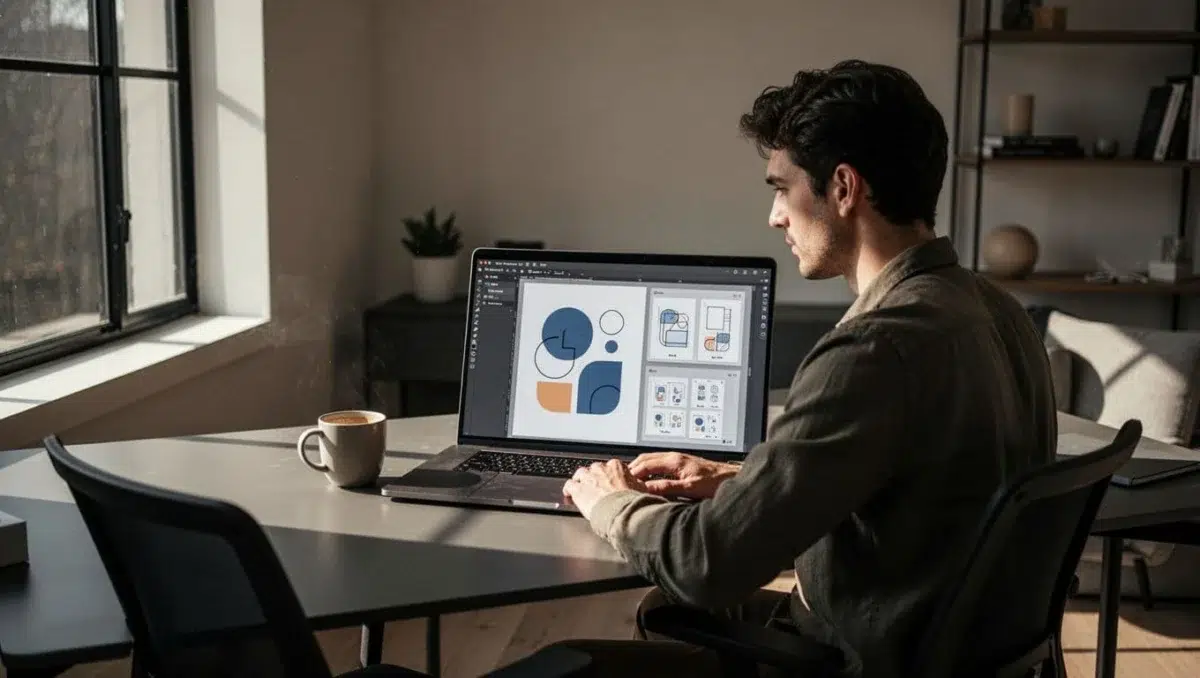 A focused UI designer works on a web-based design tool interface like Penpot in a modern home office, with a browser window showing vector shapes and prototypes, laptop and coffee mug on desk, in cinematic style with dramatic lighting.