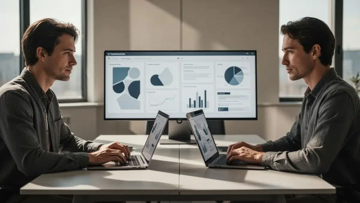 Close-up of two team members collaborating on a shared design board via laptops in a bright office, with cinematic style, strong contrast, and dramatic lighting.