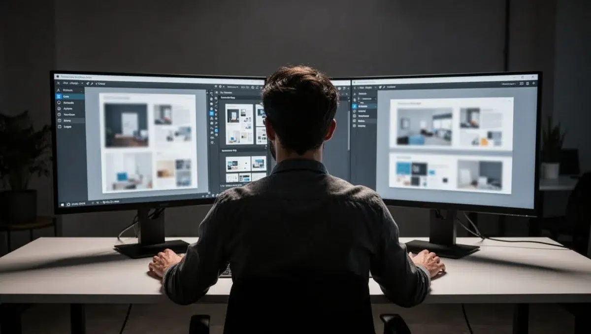 A designer imports design prototypes and assets from Figma to Penpot on dual side-by-side screens in a modern workspace with cinematic dramatic lighting and strong contrast.