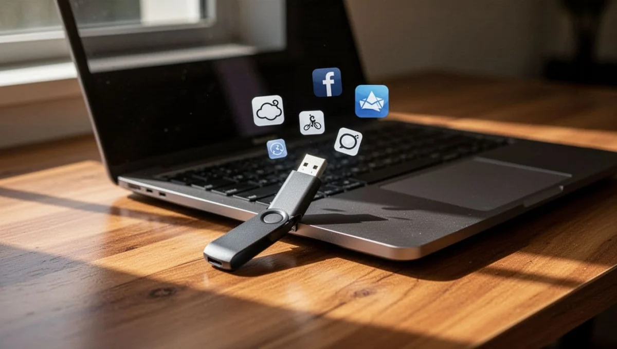 A USB flash drive connected to a laptop on a wooden desk, surrounded by floating icons of portable apps, cinematic style with dramatic lighting.