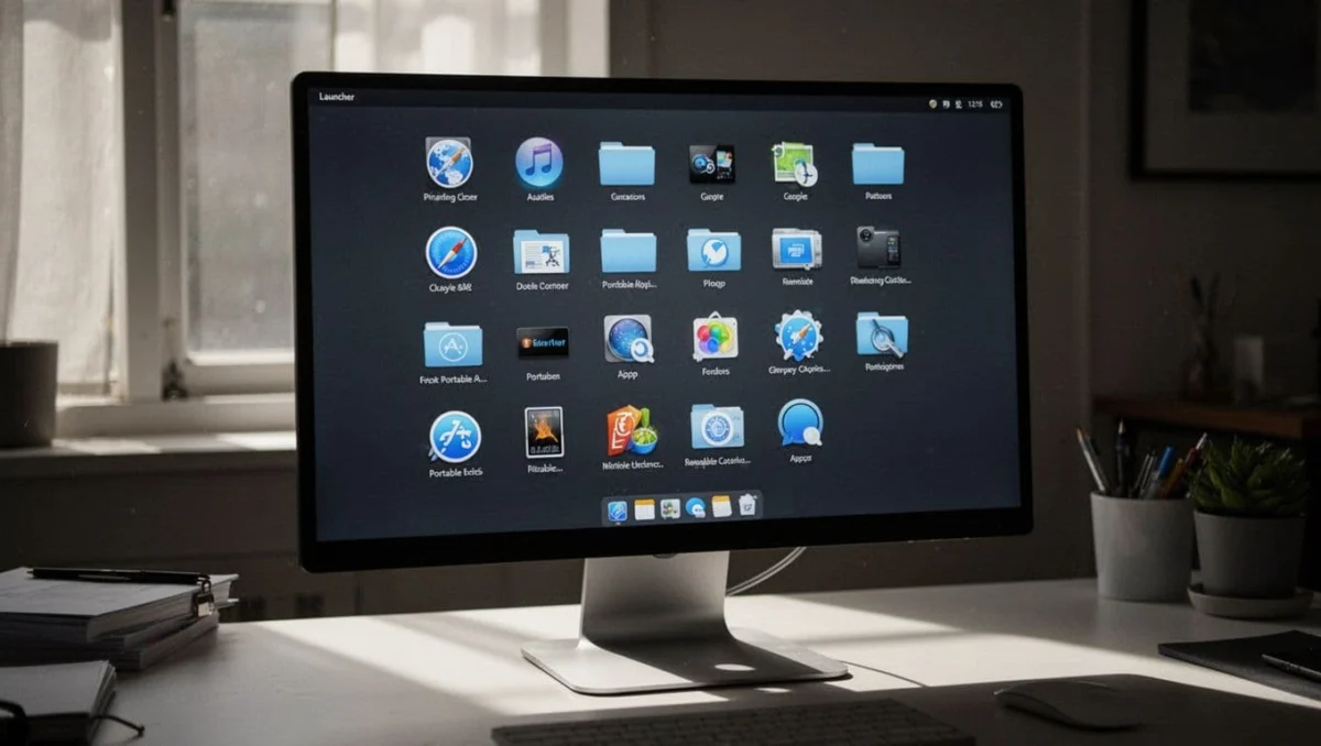 Clean computer desktop interface showing SyMenu launcher menu with categorized portable apps, organized icons and folders, in cinematic style with strong contrast and dramatic lighting.