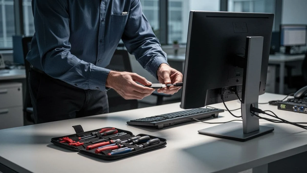 An IT technician plugs a USB stick into an office PC while a toolkit including the SyMenu launcher sits on the desk in a professional setting with cinematic dramatic lighting.