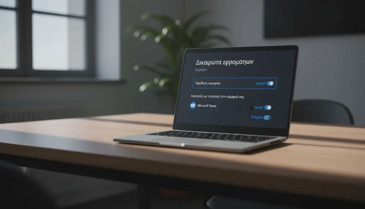 Close-up of a Windows laptop screen showing privacy settings for camera access with Teams app listed and toggle enabled, on a modern office desk with soft natural light.