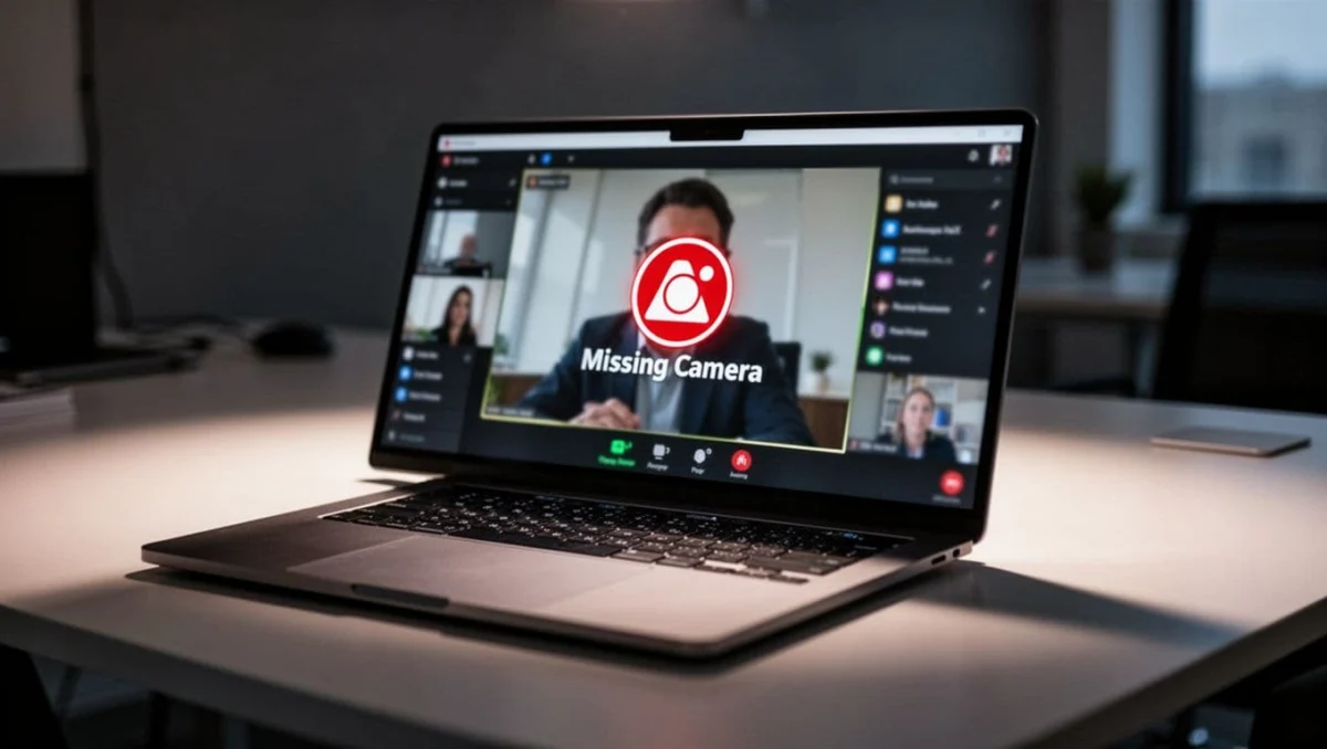 Close-up angled view of a laptop screen on a modern office desk showing the Microsoft Teams interface with a prominent 'Camera not found' error message in the camera preview area during meeting setup, in cinematic style with strong contrast and dramatic lighting.