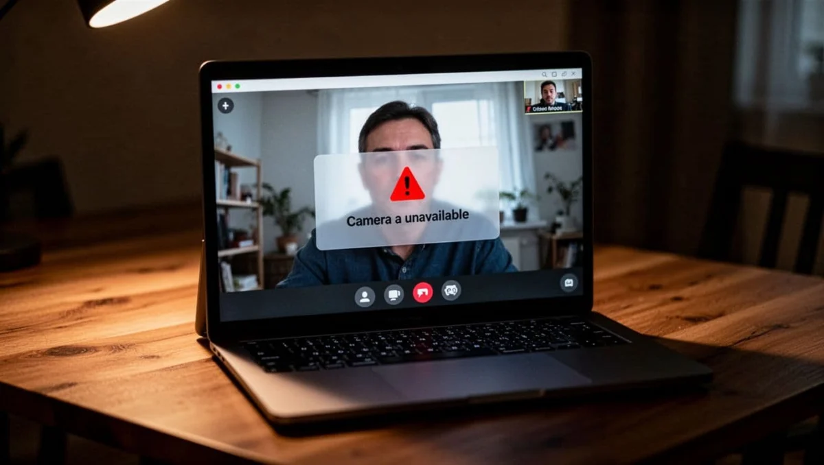 Laptop screen in a dim room displaying Microsoft Teams preview with 'Camera is in use by another application' error message, angled close-up, cinematic style with dramatic lighting and high contrast.