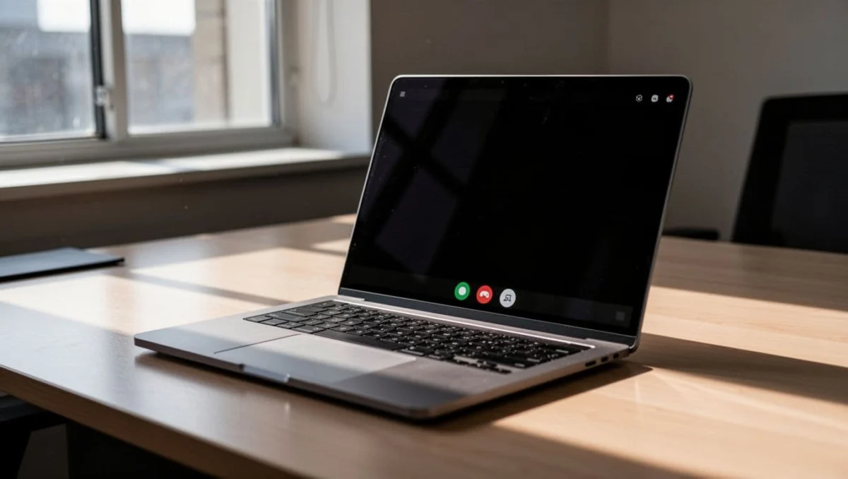 Close-up side angle of a laptop on an office desk displaying a completely black Microsoft Teams camera preview screen instead of live video feed. Cinematic style featuring strong contrast, depth, and dramatic natural lighting.