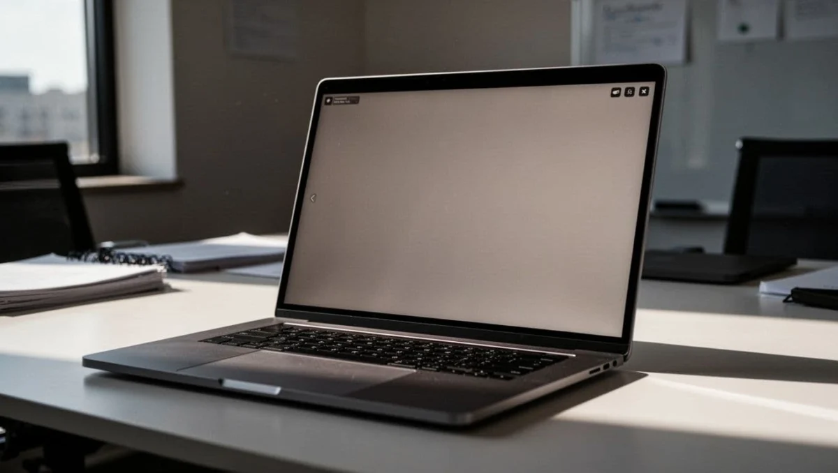 Close-up angled view of a Windows laptop screen on a modern office desk displaying the built-in Camera app with a clear live video preview of a neutral background, soft natural light, cinematic style with strong contrast and dramatic lighting focused on the screen.