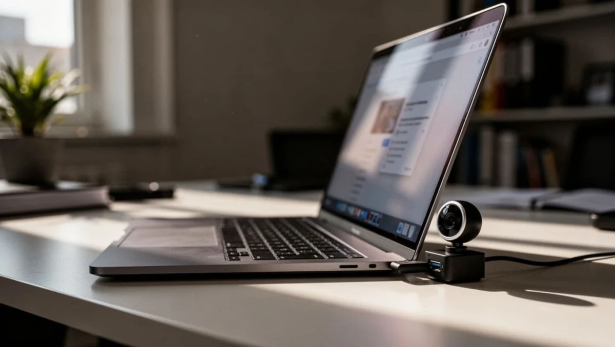 Side view of a laptop on an office desk connected to a simple external USB webcam plugged into a USB port, with blurred screen showing camera selection, in natural indoor light and cinematic style.