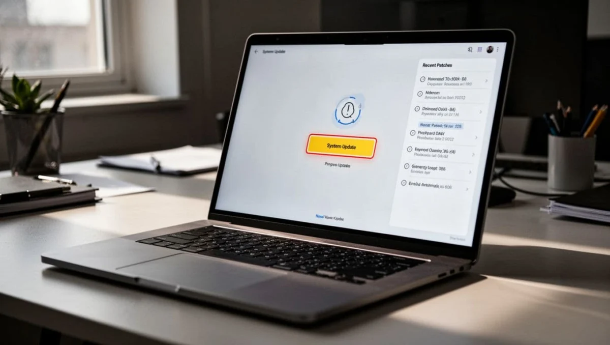 Close-up angled view of a modern Windows laptop screen on an office desk showing the Windows Update interface with 'Check for updates' button highlighted and recent patches listed, in cinematic style with dramatic lighting.