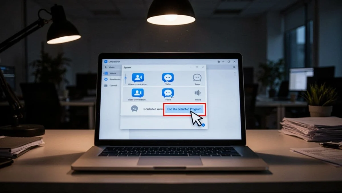 Laptop screen in a dimly lit office shows Windows Task Manager listing multiple video apps like Zoom, Skype, and Discord, with the mouse cursor positioned over the End Task button for one app, in cinematic style with dramatic lighting.