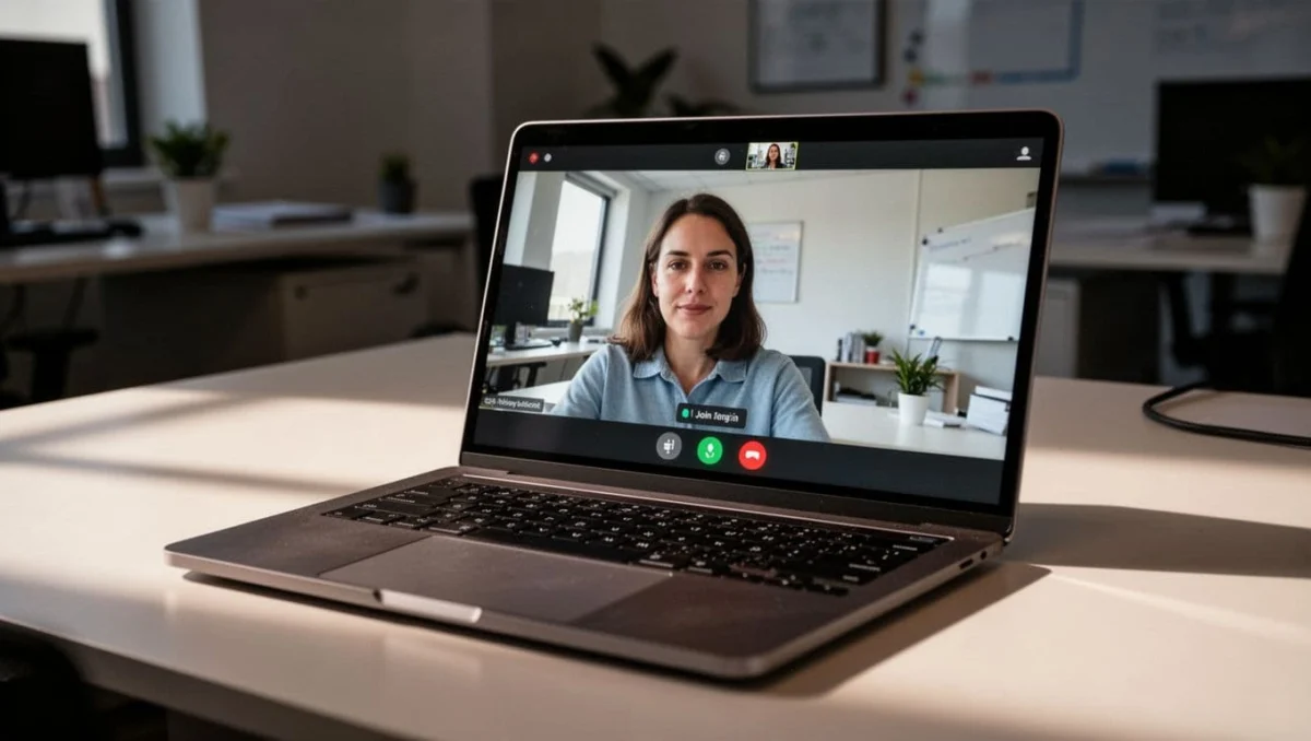 Close-up of a laptop screen displaying a clear Microsoft Teams camera preview before joining a meeting, with soft office lighting and cinematic style.