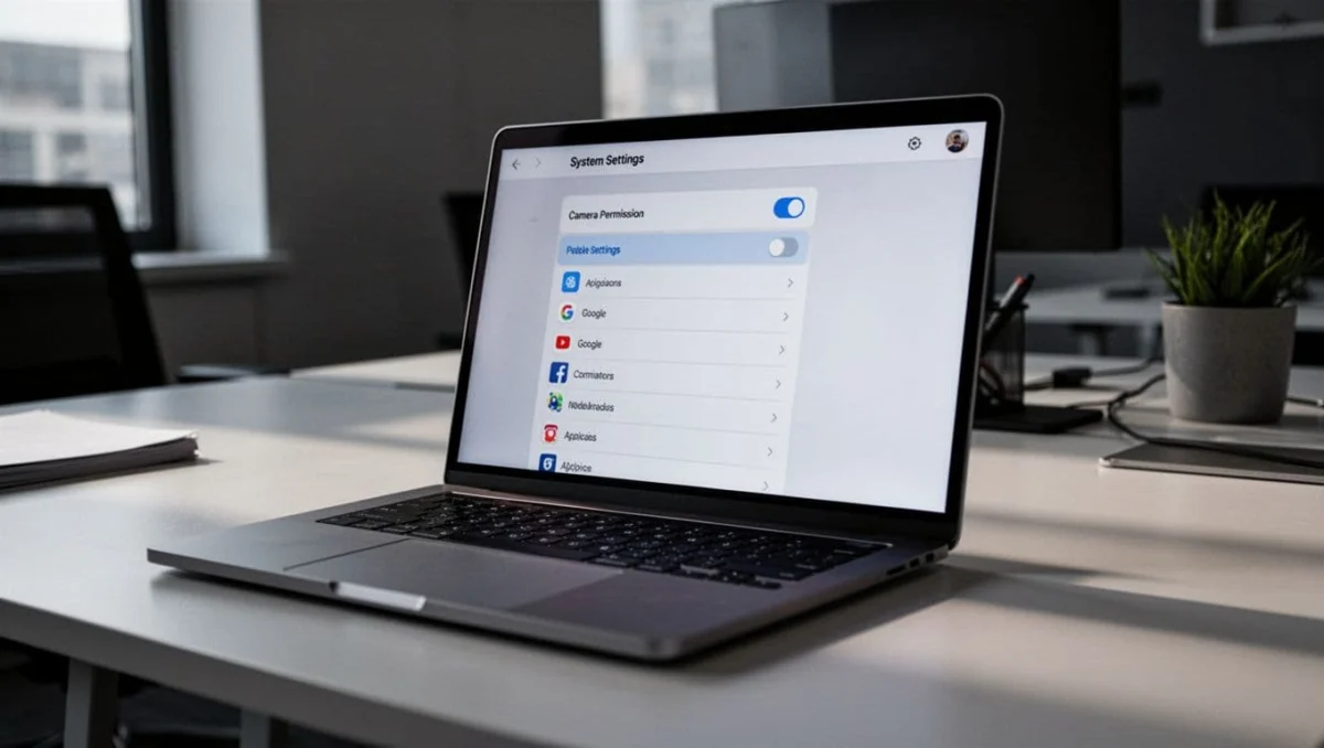 Close-up angled view of a Windows 11 laptop screen on a modern office desk showing Privacy and security Camera settings menu with Let apps access your camera toggle enabled and Microsoft Teams listed.
