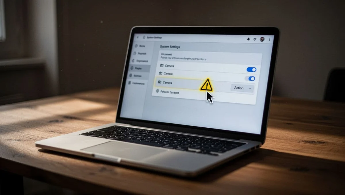Angled close-up of laptop screen on wooden desk showing Device Manager's Cameras section with selected camera device and yellow warning icon, mouse cursor over Update driver in dim cinematic room.
