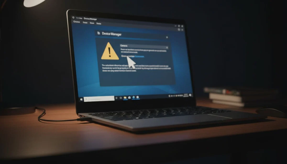 A single laptop on a desk in a dimly lit room with Device Manager open, displaying an outdated camera driver warning. Cinematic style with strong contrast, depth, and dramatic lighting focused on the blurred screen content and mouse cursor.