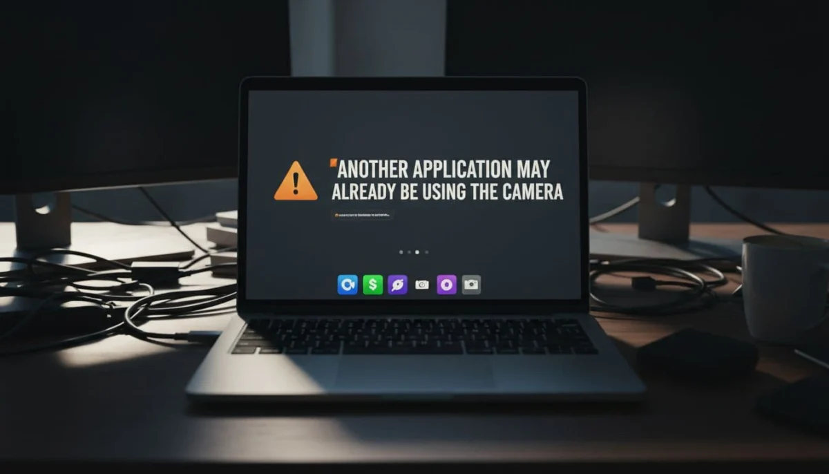 Laptop screen shows Teams error 'camera in use' with multiple app icons like Zoom, Skype, Discord, and Camera open on the taskbar in a busy cinematic workspace.