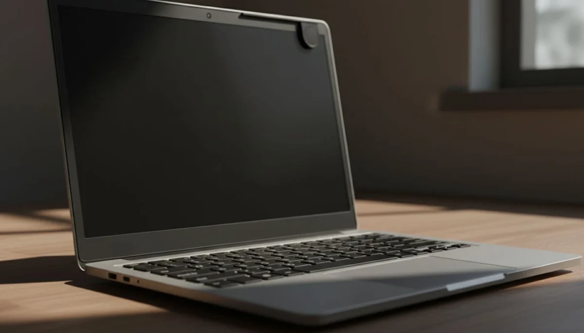 Side angle view of a laptop on a desk with physical privacy shutter closed over the webcam and Fn key highlighted on the keyboard. Cinematic style with strong contrast, depth, and dramatic natural indoor lighting; no text, people, or extra objects.