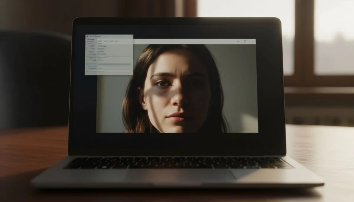 Close-up of a Windows laptop screen showing the built-in Camera app with a clear preview of the user's face and minimized Task Manager in the background, on a modern office desk with soft natural light and cinematic style.