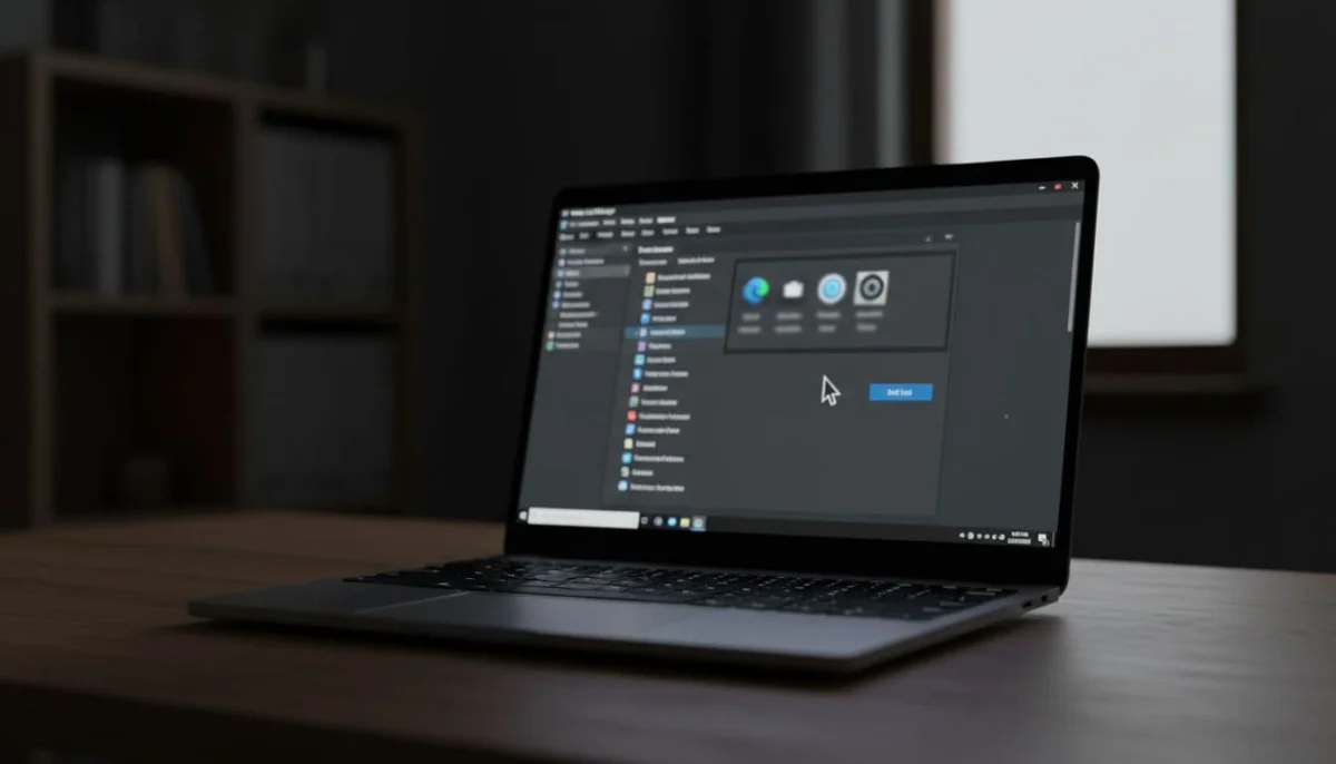 Laptop on a desk with Task Manager open, highlighting camera-related processes like Zoom or Camera app, mouse cursor over End Task button, in a dim room with cinematic style, strong contrast, depth, and dramatic lighting focused on the screen.