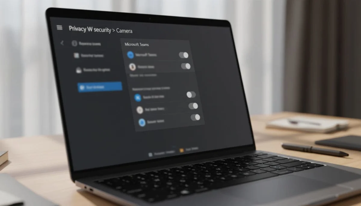 Close-up angled view of Windows laptop screen showing Privacy & security camera settings with Microsoft Teams app access enabled, on modern office desk with soft natural light and cinematic dramatic lighting.
