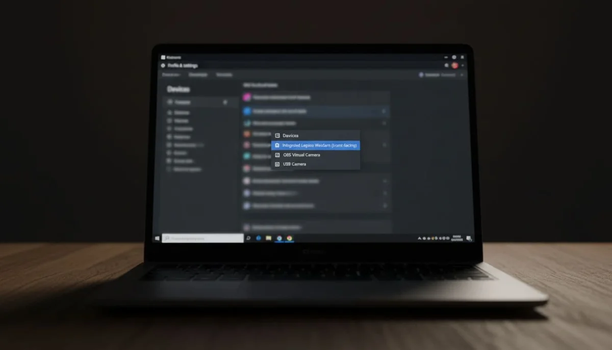 Microsoft Teams desktop app open to profile settings devices tab with camera dropdown menu visible selecting integrated laptop webcam on a laptop screen at slight angle in dim room.