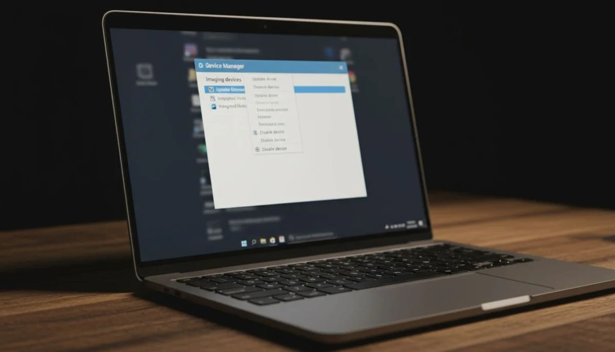 Angled close-up of laptop screen on wooden desk showing Windows Device Manager expanded to Cameras section with right-click menu on laptop camera for update or disable, cinematic style with dramatic lighting and blurred screen content.