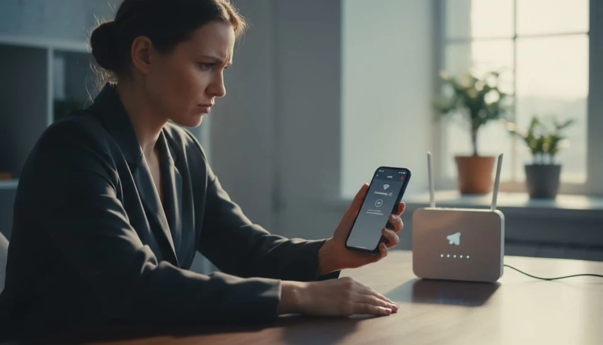 A frustrated individual checks the WiFi signal on a smartphone with the Telegram app open, router visible in the background on an office desk, capturing troubleshooting of internet connection issues.