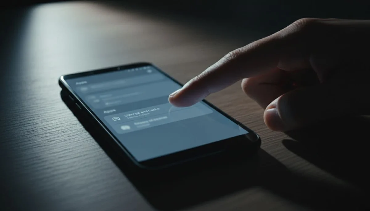 Close-up of Android smartphone settings menu for apps, with finger pointing to Telegram storage and cache clear option, soft table lighting, cinematic style with strong contrast and dramatic shadows.