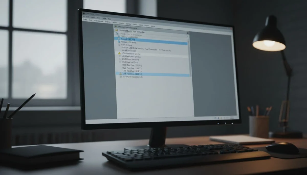 Close-up of Windows Device Manager showing expanded Universal Serial Bus controllers with a yellow warning triangle on one USB Root Hub, in a realistic office desk setting.