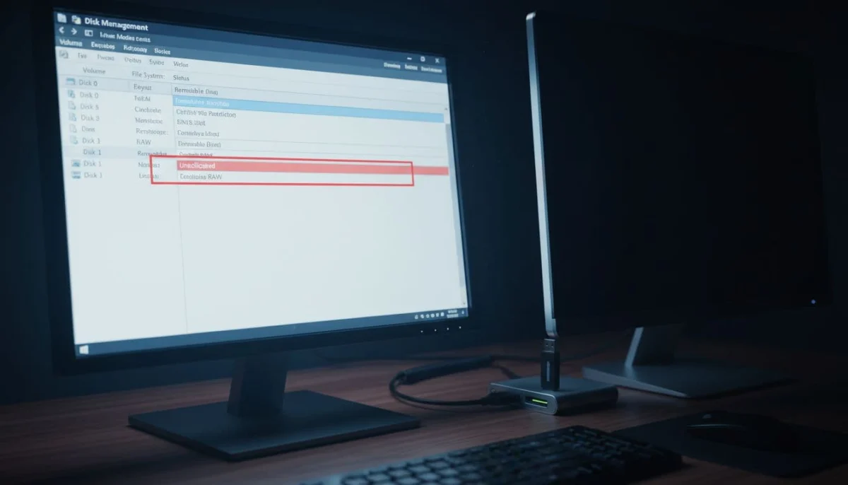 Windows Disk Management tool open on screen showing a USB drive listed without a drive letter as unallocated or RAW, with computer setup on desk and USB stick plugged in, cinematic style with strong contrast and dramatic lighting.